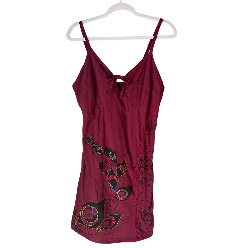 NWT Vintage Shop Therapy Boho Peacock Feather Slip Dress Burgundy Y2K L/XL NEW
